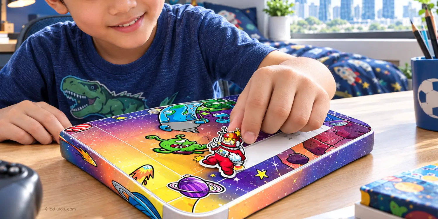 Boy applying space adventure stickers to a Philips digital audio device, ADWOW sticker design